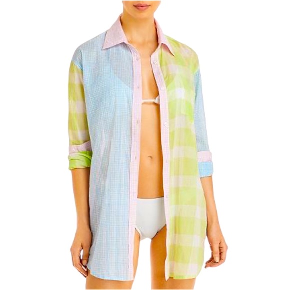 New Solid & Striped x Free People Oxford Med Pink Blue Plaid Coverup Buttondown - Picture 14 of 16